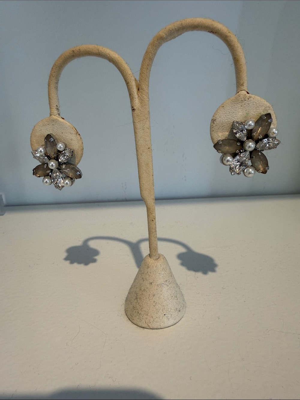 Pearl & Smoky Crystal Cluster Clip-On Earrings